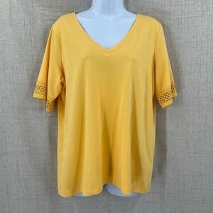 Susan Graver Weekend Top Womens Sz L Yellow V-Neck Crochet Lace Sleeve Cuffs